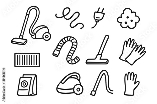 Vacuuming Doodle Icons. Vacuuming doodle icon set: hand drawn icons of vacuum cleaner, cord, plug, dust, filter, hose, brush, bag, canister, and gloves. isolated transparent background