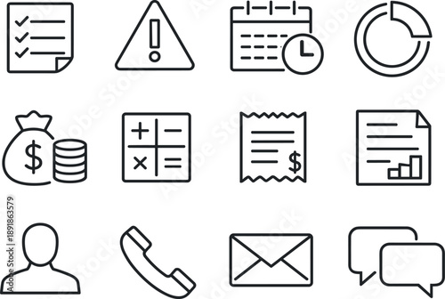 Line style vector icons of Event planning checklist: tasklist, priority, deadline, progress; budget, calculator,