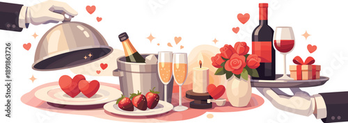 Romantic dinner setting with champagne, hearts, strawberries, candles, wine, flowers, and gifts.