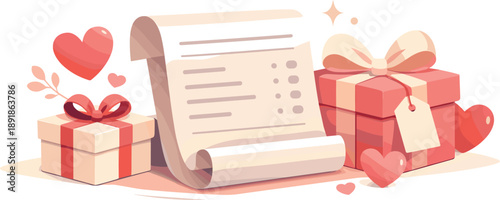 Gift boxes, scroll, hearts, stars.