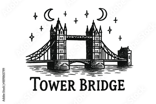 Tower Bridge Fantasy. Hand-drawn tower bridge with moons, water, and sparkles, center word “TowerBridge” in black and white isolated transparent background
