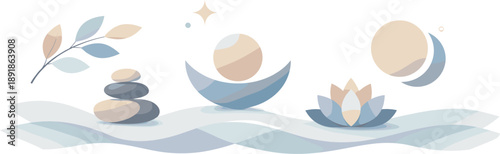 Leaf, stones, abstract figures, lotus, waves, balance, minimalist, nature elements, harmonious scene.