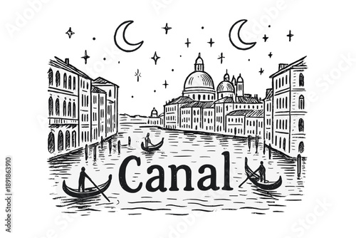 Venice Grand Canal. Hand-drawn venice grand canal with moons, gondolas, and sparkles, center word “Canal” in black and white isolated transparent background