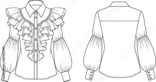 Women's blouse with ruffles and puff sleeves, fashion flat sketch, technical drawing template, front and back view, vector illustration - cad drawing flat vector