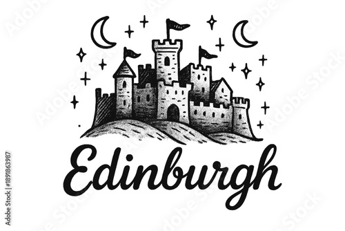 Edinburgh Castle Illustration. Hand-drawn edinburgh castle with moons, banners, and sparkles, center word “Edinburgh” in black and white isolated transparent background
