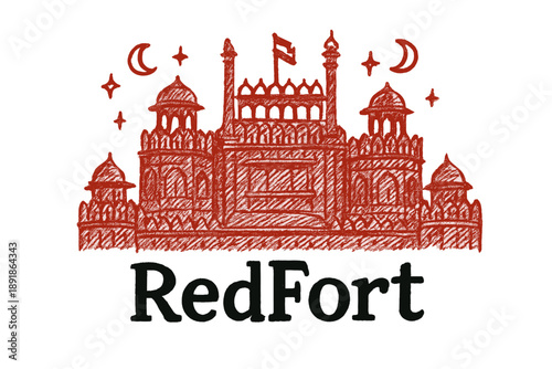 Red Fort Fantasy. Hand-drawn red fort delhi with moons, gates, and sparkles, center word “RedFort” in black and white isolated transparent background
