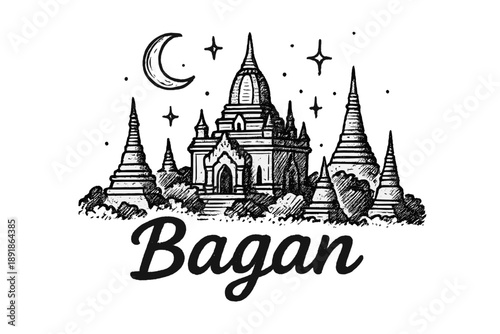 Bagan Temples Illustration. Hand-drawn bagan temples myanmar with moons, stupas, and sparkles, center word “Bagan” in black and white isolated transparent background