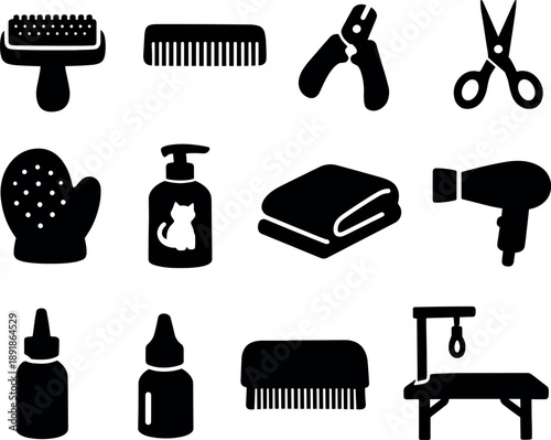 Solid vector icons of cat grooming: brush, comb, nail clipper, grooming scissors, grooming mitt, shampoo bottle,