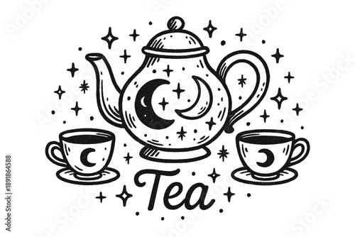 Celestial Teapot Design. Hand-drawn tea pot with moons, cups, and sparkles, center word “Tea” in black and white isolated transparent background