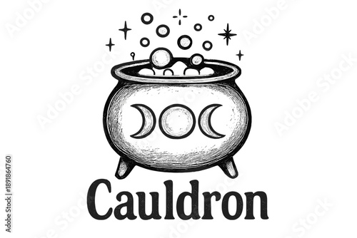 Magical Cauldron Art. Hand-drawn cauldron with moons, bubbles, and sparkles, center word “Cauldron” in black and white isolated transparent background