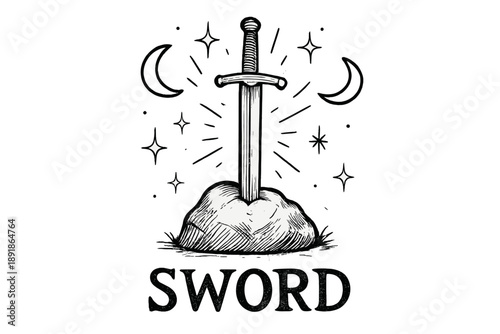 Sword in Stone. Hand-drawn sword in stone with moons, sparks, and sparkles, center word “Sword” in black and white isolated transparent background