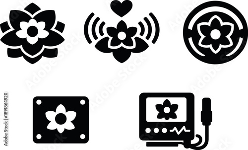 Solid vector icons of empathic chromatic blossoms: responsive bloom layer, emotional resonance channel,