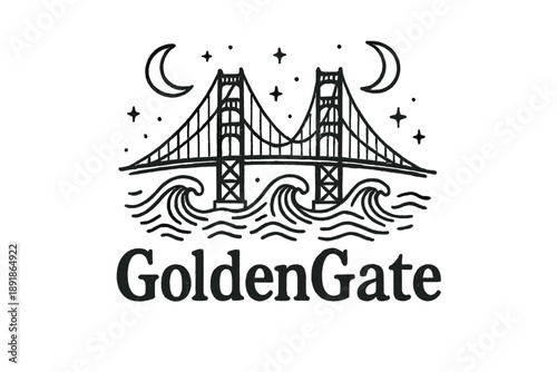 Golden Gate Fantasy. Hand-drawn golden gate bridge with moons, waves, and sparkles, center word “GoldenGate” in black and white isolated transparent background