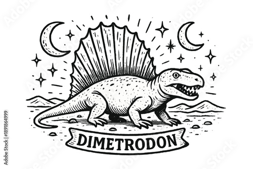 Dimetrodon Desert Moons. Hand-drawn dimetrodon with moons, desert, and sparkles, center word “Dimetrodon” in black and white isolated transparent background