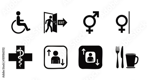 Black and white pictograms for accessibility exit medical and food symbols