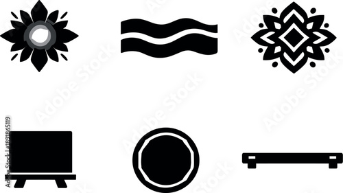 Solid vector icons of reward-center–inspired artworks: luminous shape bloom, pulsating color band, soothing