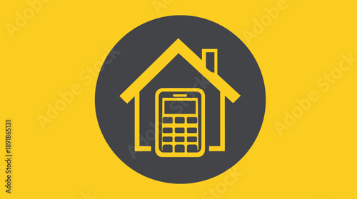 Graphic with a house shape surrounding a smartphone calculator icon inside a dark gray circle. Yellow background