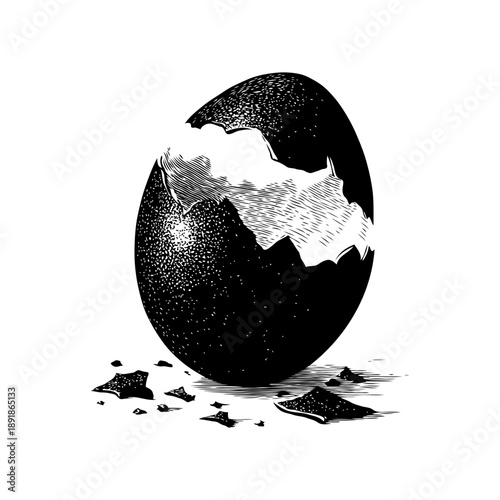 Cracked egg with scattered shell fragments drawn in monochrome stipple style on white background, symbolizing birth, fragility and emergence