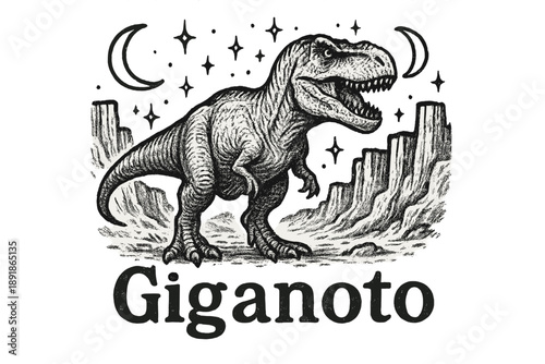 Giganotosaurus and Moons. Hand-drawn giganotosaurus with moons, cliffs, and sparkles, center word “Giganoto” in black and white isolated transparent background