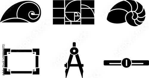 Image Generation. Solid vector icons of biologically attuned golden-ratio forms: φ-driven envelope curve, harmonic partition field
