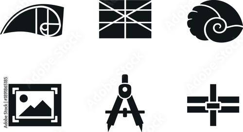 Image Generation. Solid vector icons of biologically attuned golden-ratio forms: φ-driven envelope curve, harmonic partition field