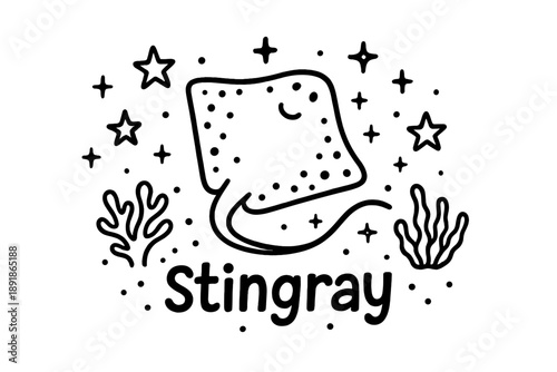 Stingray Doodle Delight. Doodle stingray with stars, reefs, and sparkles, center word “Stingray” in black and white isolated transparent background