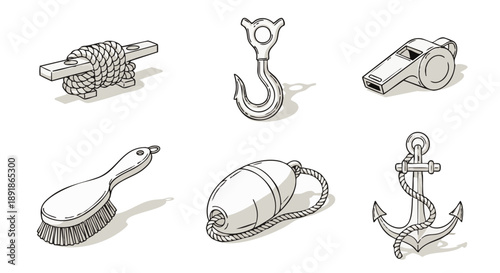 Nautical including anchor hook buoy brush and whistle 1