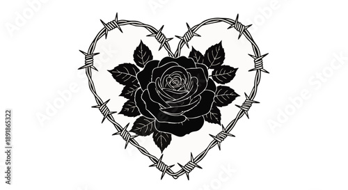 Black rose surrounded by heart shaped barbed wire thorns