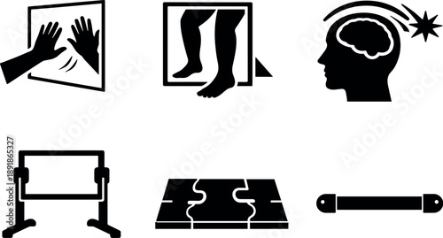 Image Generation. Solid vector icons of phantom-limb mirror interventions: reflection-guided movement, mirrored limb proxy, neural