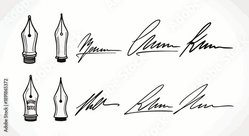 Black and white of fountain pen nibs and signatures writing instruments