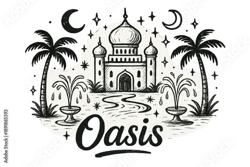 Oasis Palace Illustration. Hand-drawn oasis palace with moons, fountains, and sparkles, center word “Oasis” in black and white isolated transparent background