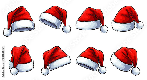 Eight cartoon santa hats in different positions on white background christmas