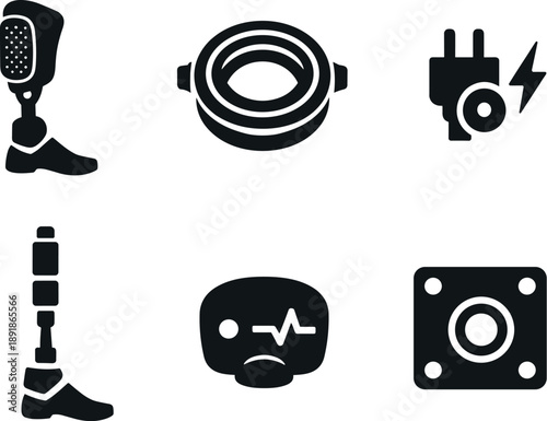  Solid vector icons of energy-harvesting prosthetic legs: kinetic capture pad, oscillation coil ring,