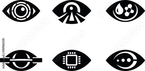 Futuristic Prosthetic Eye Designs. Solid vector icons of next-gen prosthetic eyes: optical capture ring, 3D-depth pulse emitter,