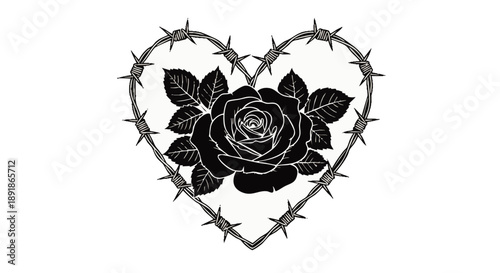 Black rose with leaves surrounded by barbed wire heart shape