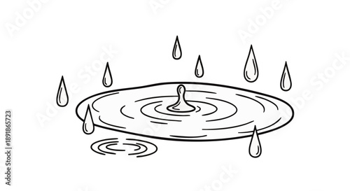 Black and white of water droplets falling into a puddle with ripples