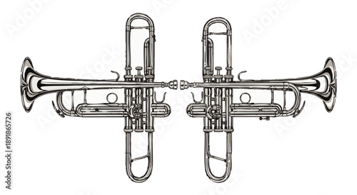 Two shiny trumpets mirrored side by side musical instruments