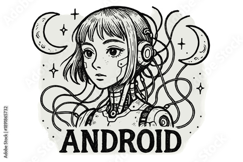 Android Girl Art. Hand-drawn android girl with moons, wires, and sparkles, center word “Android” in black and white isolated transparent background