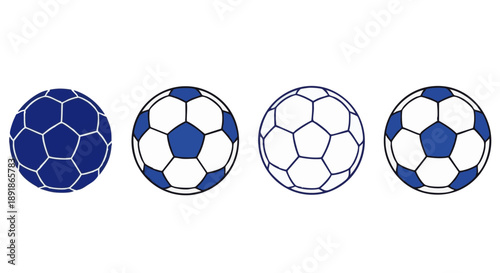 Four blue and white soccer balls with different line styles line sports equipment