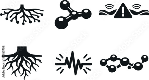 Mycelium Network Icons. Solid style icons of mycelium danger-signal network: underground hyphae, node-like fungal junctions,