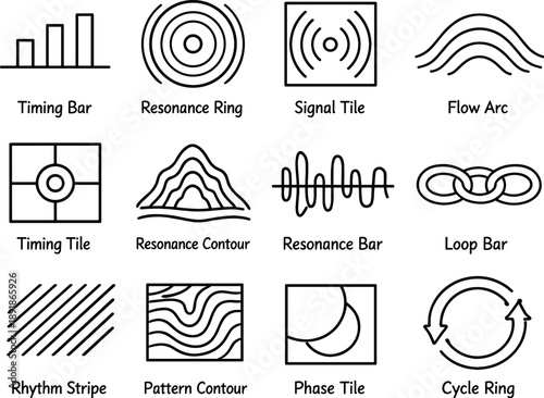 Line style vector icons of architecture in nature: timing bar, resonance ring, signal tile, flow arc, timing tile, resonance