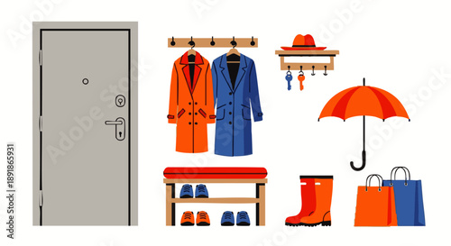 Gray door with coat rack and bench shoes