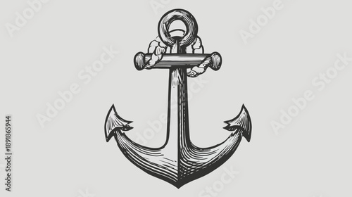 A detailed ink drawing of a classic anchor on a light gray background, reminiscent of old illustrations