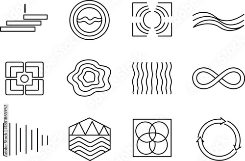 Line style vector icons of architecture in nature: timing bar, resonance ring, signal tile, flow arc, timing tile, resonance