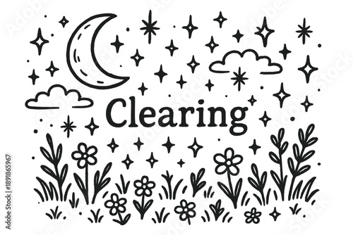 Moonlit Clearing with Stars. Doodle moonlit clearing with stars, flowers, and sparkles, center word “Clearing” in black and white isolated transparent background