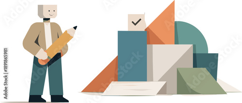 Geometric Editorial Resolution. Calm abstract geometric figure stands beside final cohesive arrangement of layered and angled