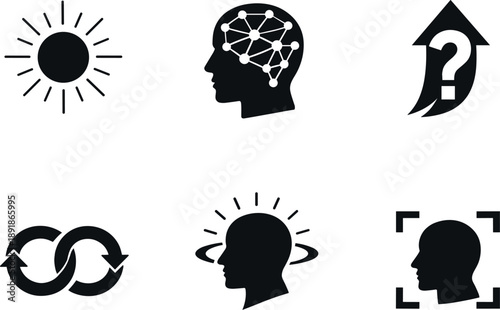 Image Generation. Solid style icons of digital consciousness metaphor: glowing core, neural mesh, rising question glyph,