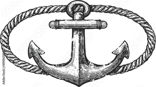 A detailed black and white illustration of an anchor encircled by a rope, nautical style