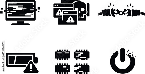 System Shutdown Icons. Solid style icons of system shutdown anxiety: flickering interface, error cascade, interrupted process