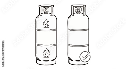 Two propane gas cylinders with flame symbols and checkmark black and white